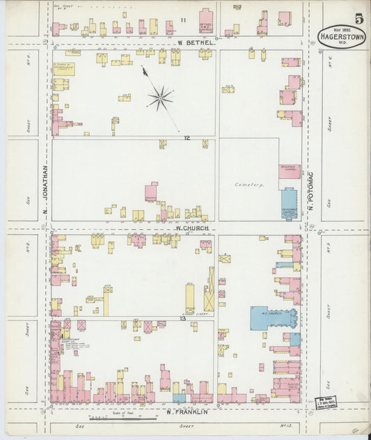 Sanborn Fire Insurance Map from Hagerstown, Washington County, Maryland (1892), Sheet #0005 - Historic Sanborn Fire Insurance Map Print, vintage old map wall art, antique decor, genealogy gift, Maryland Maryland map