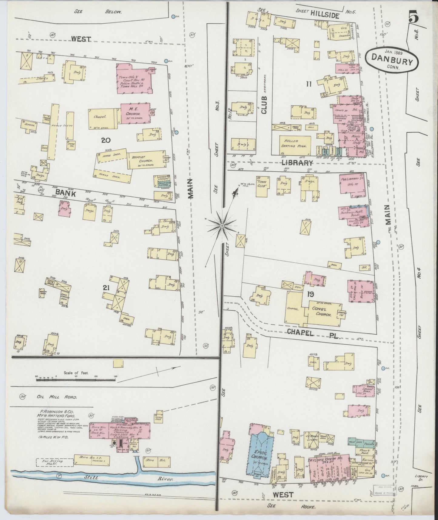 Sanborn Fire Insurance Map from Danbury, Fairfield County, Connecticut (1889), Sheet #0005 - Complete Map Set gallery image, historic Sanborn map, vintage wall art, Connecticut Connecticut