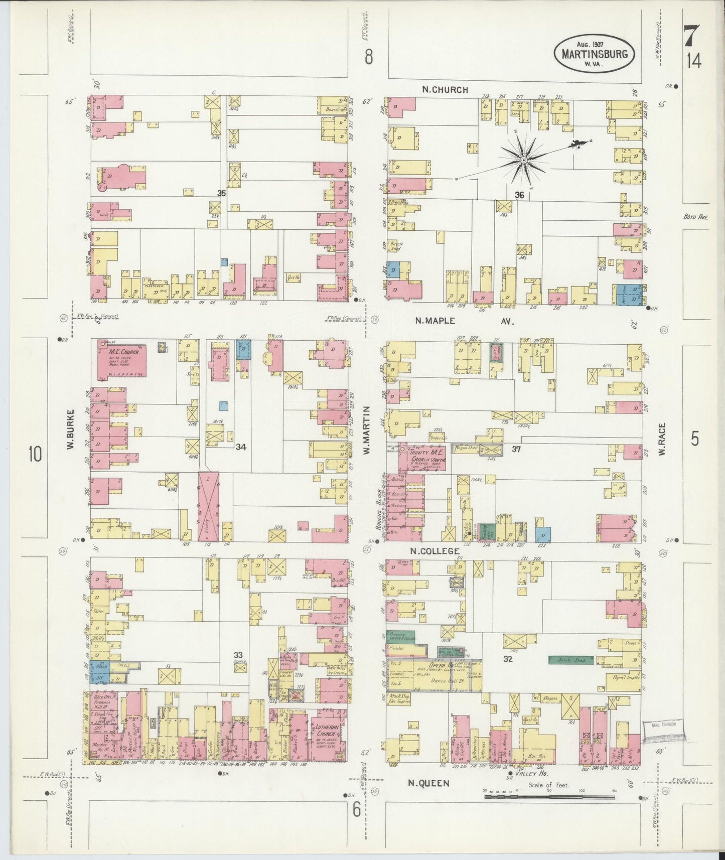 Sanborn Fire Insurance Map from Martinsburg, Berkeley County, West Virginia (1907), Sheet #0007 - Complete Map Set gallery image, historic Sanborn map, vintage wall art, West Virginia West Virginia