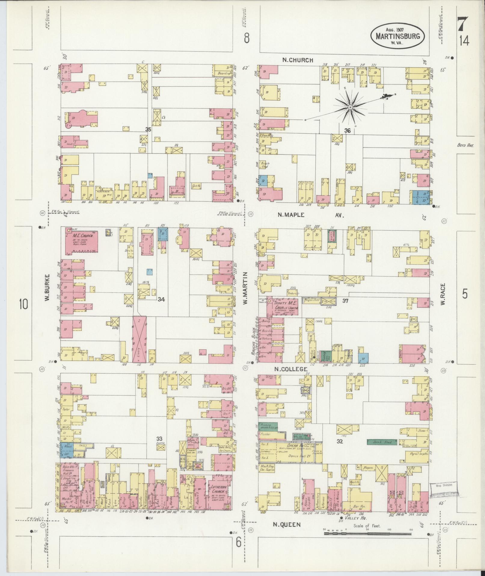 Sanborn Fire Insurance Map from Martinsburg, Berkeley County, West Virginia (1907), Sheet #0007 - Complete Map Set gallery image, historic Sanborn map, vintage wall art, West Virginia West Virginia