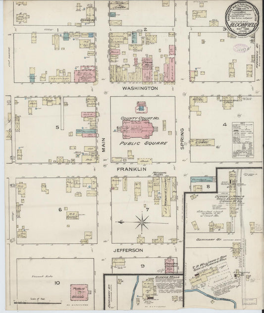 Sanborn Fire Insurance Map from Bloomfield, Greene County, Indiana (1886), Sheet #0001 - Historic Sanborn Fire Insurance Map Print, vintage old map wall art, antique decor, genealogy gift, Indiana Indiana map
