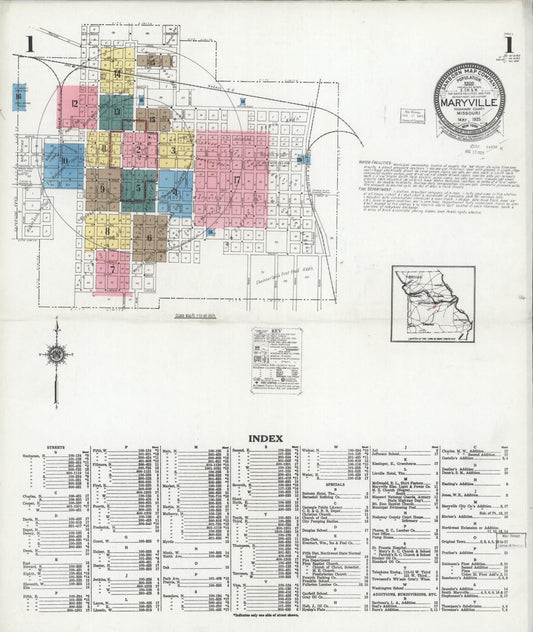 Sanborn Fire Insurance Map from Maryville, Nodaway County, Missouri (1925), Sheet #0001 - Historic Sanborn Fire Insurance Map Print, vintage old map wall art, antique decor, genealogy gift, Missouri Missouri map