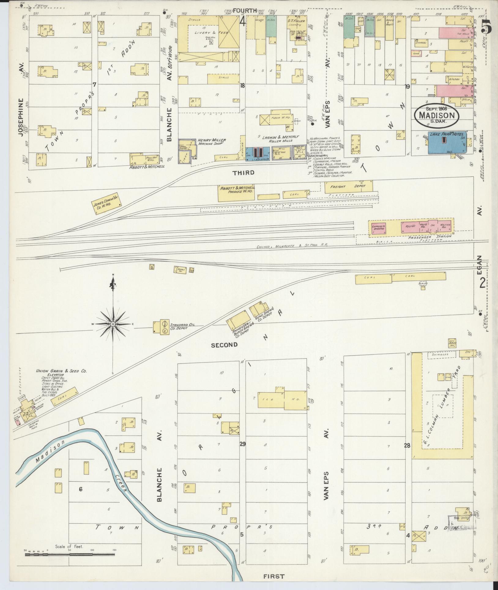 Sanborn Fire Insurance Map from Madison, Lake County, South Dakota (1908), Sheet #0005 - Historic Sanborn Fire Insurance Map Print, vintage old map wall art, antique decor, genealogy gift, South Dakota South Dakota map