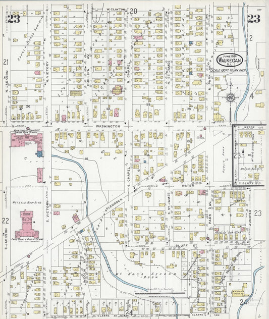Sanborn Fire Insurance Map from Waukegan, Lake County, Illinois (1924), Sheet #0023 - Historic Sanborn Fire Insurance Map Print, vintage old map wall art, antique decor, genealogy gift, Illinois Illinois map