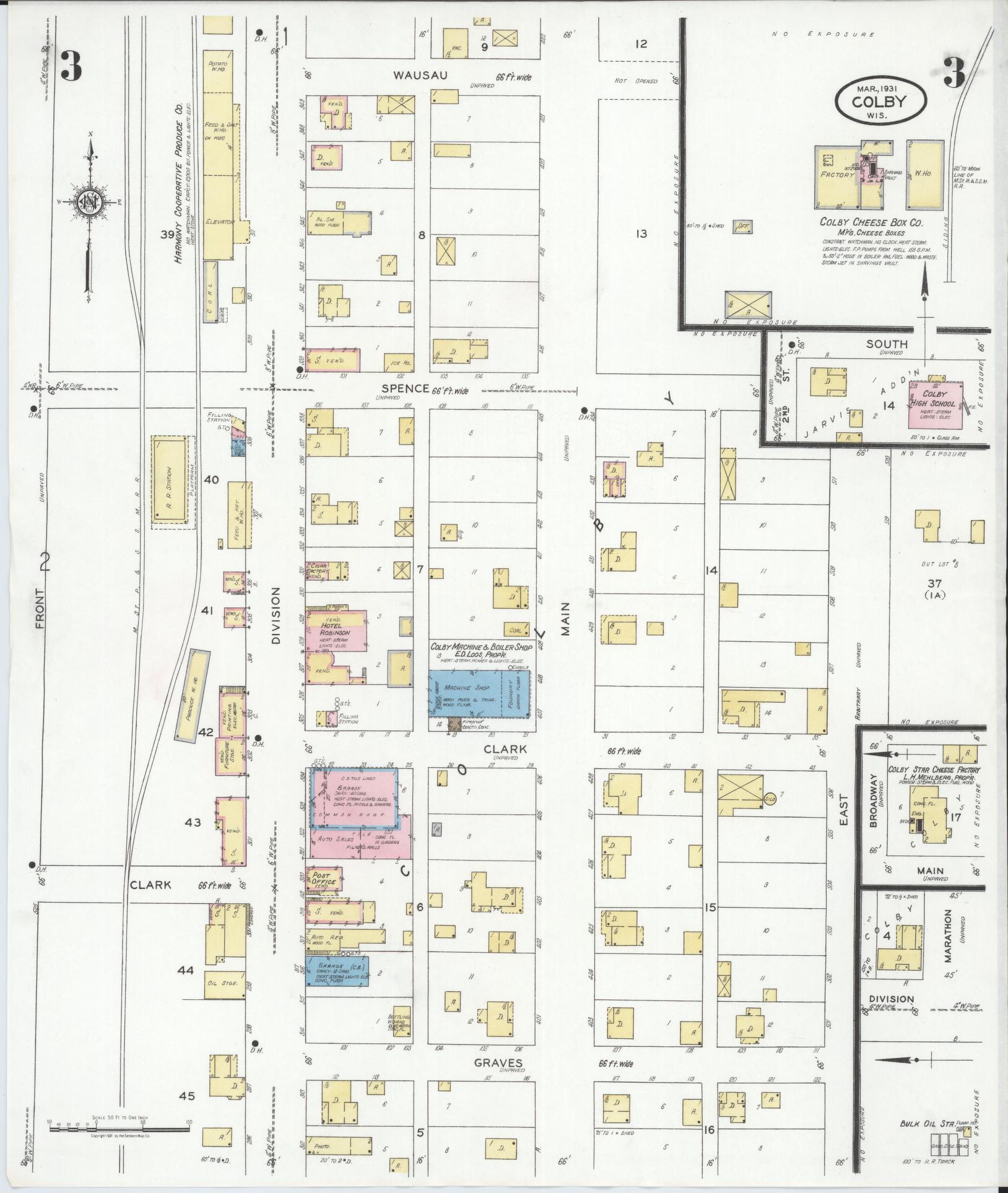 Sanborn Fire Insurance Map from Colby, Clark and Marathon Counties, Wisconsin (1931), Sheet #0003 - Historic Sanborn Fire Insurance Map Print, vintage old map wall art, antique decor, genealogy gift, Wisconsin Wisconsin map