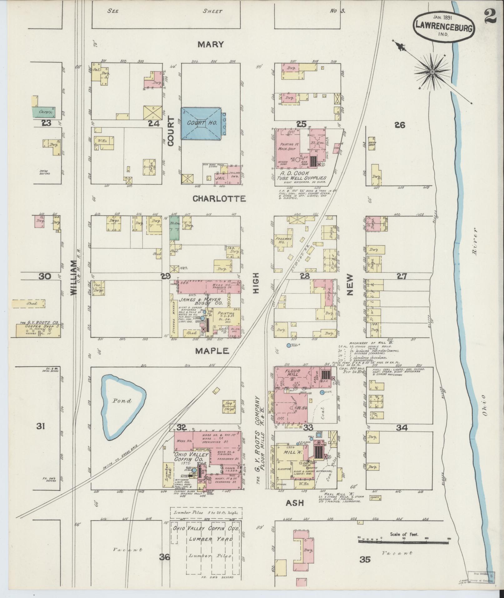 Sanborn Fire Insurance Map from Lawrenceburg, Dearborn County, Indiana (1891), Sheet #0002 - Historic Sanborn Fire Insurance Map Print, vintage old map wall art, antique decor, genealogy gift, Indiana Indiana map