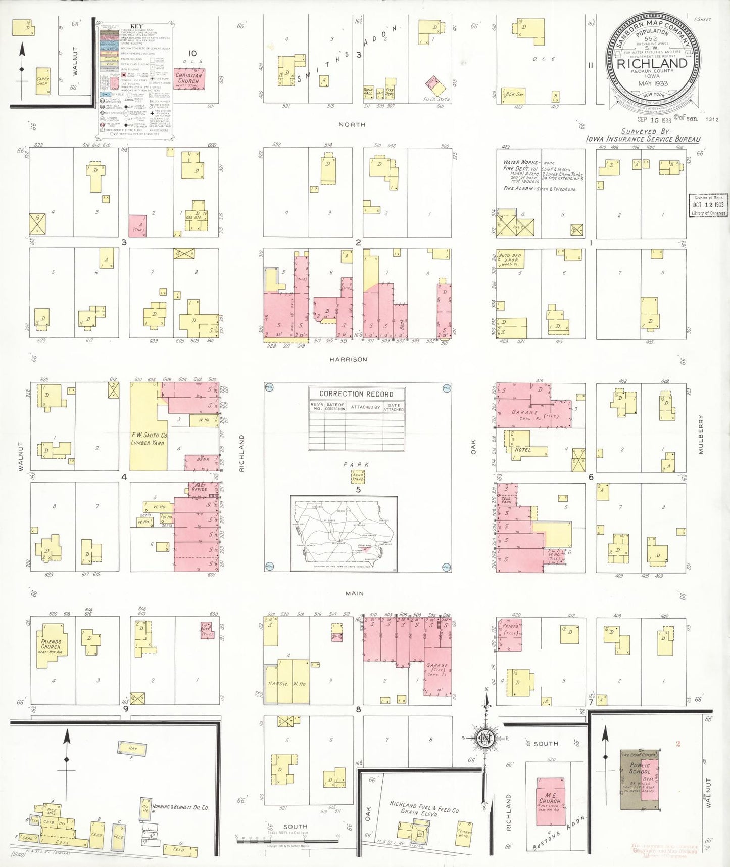 Sanborn Fire Insurance Map from Richland, Keokuk County, Iowa (1933), Sheet #0001 - Historic Sanborn Fire Insurance Map Print, vintage old map wall art