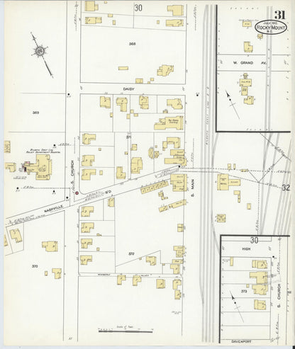 Sanborn Fire Insurance Map from Rocky Mount, Edgecombe And Nash Counties, North Carolina (1912), Sheet #0031 - Historic Sanborn Fire Insurance Map Print, vintage old map wall art, antique decor, genealogy gift, North Carolina North Carolina map