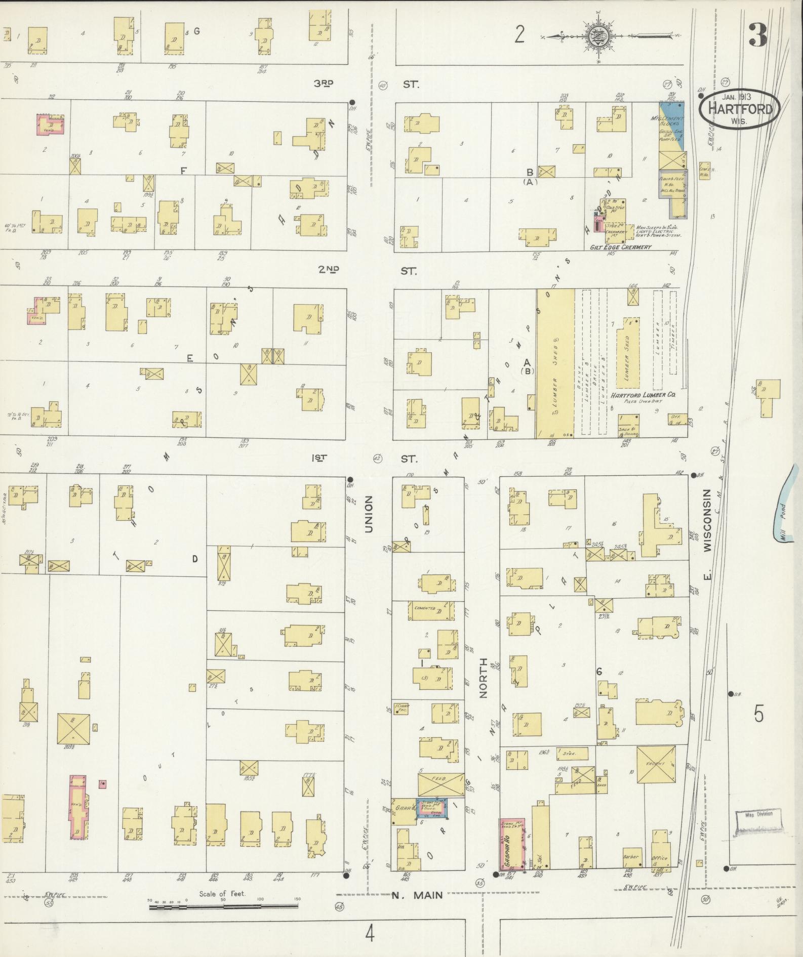 Sanborn Fire Insurance Map from Hartford, Washington County, Wisconsin (1913), Sheet #0003 - Historic Sanborn Fire Insurance Map Print, vintage old map wall art, antique decor, genealogy gift, Wisconsin Wisconsin map