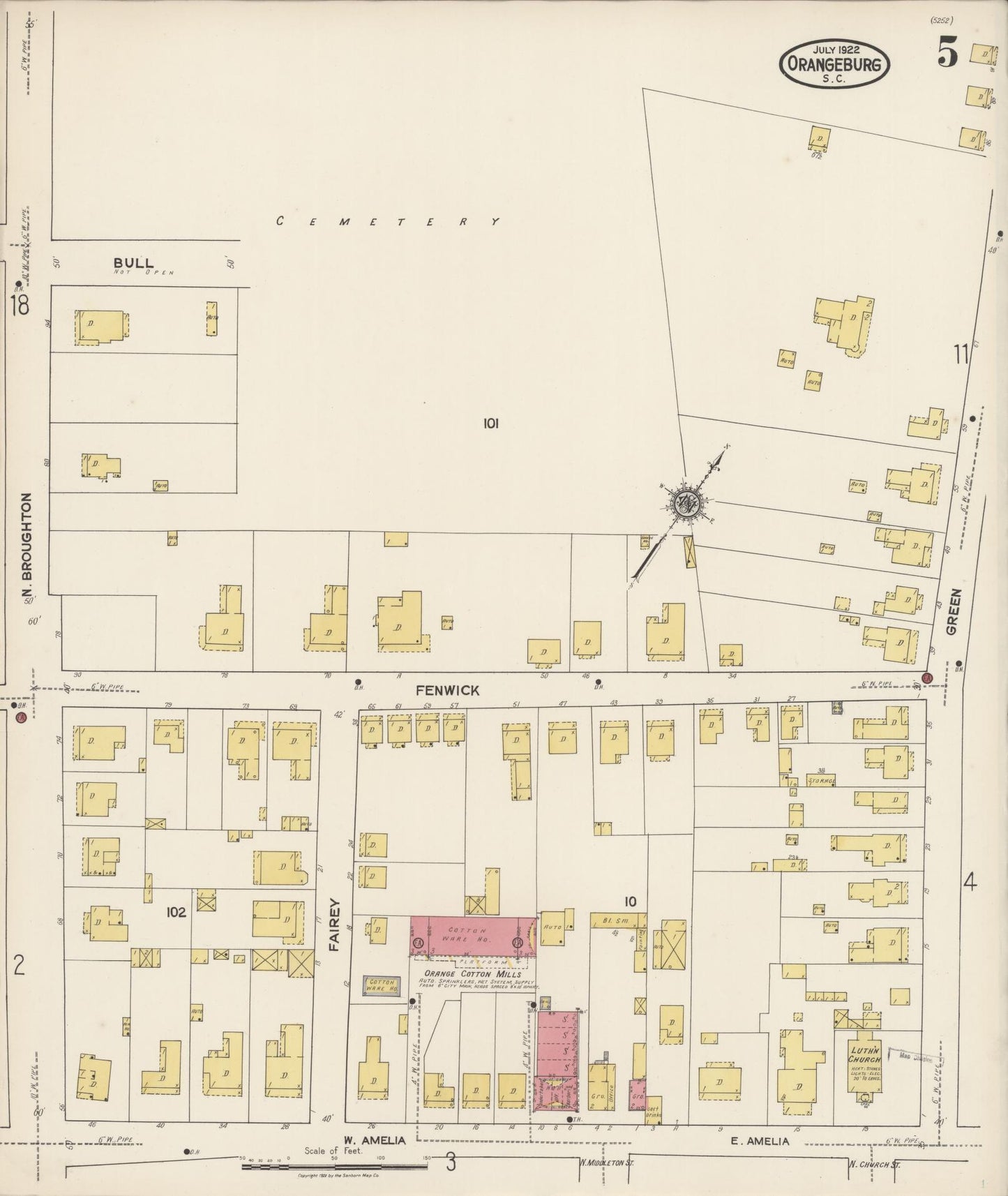 Sanborn Fire Insurance Map from Orangeburg, Orangeburg County, South Carolina (1922), Sheet #0005 - Historic Sanborn Fire Insurance Map Print, vintage old map wall art, antique decor, genealogy gift, South Carolina South Carolina map