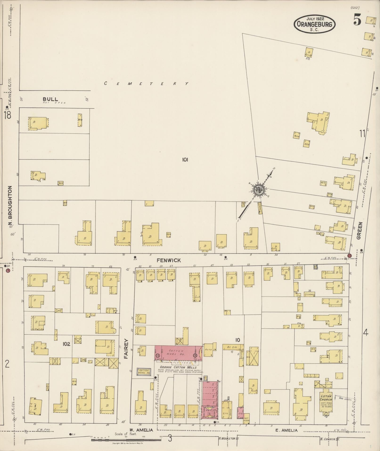 Sanborn Fire Insurance Map from Orangeburg, Orangeburg County, South Carolina (1922), Sheet #0005 - Historic Sanborn Fire Insurance Map Print, vintage old map wall art, antique decor, genealogy gift, South Carolina South Carolina map