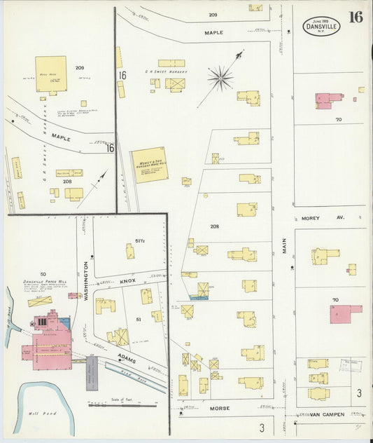 Sanborn Fire Insurance Map from Dansville, Livingston County, New York (1909), Sheet #0016 - Historic Sanborn Fire Insurance Map Print, vintage old map wall art, antique decor, genealogy gift, New York New York map
