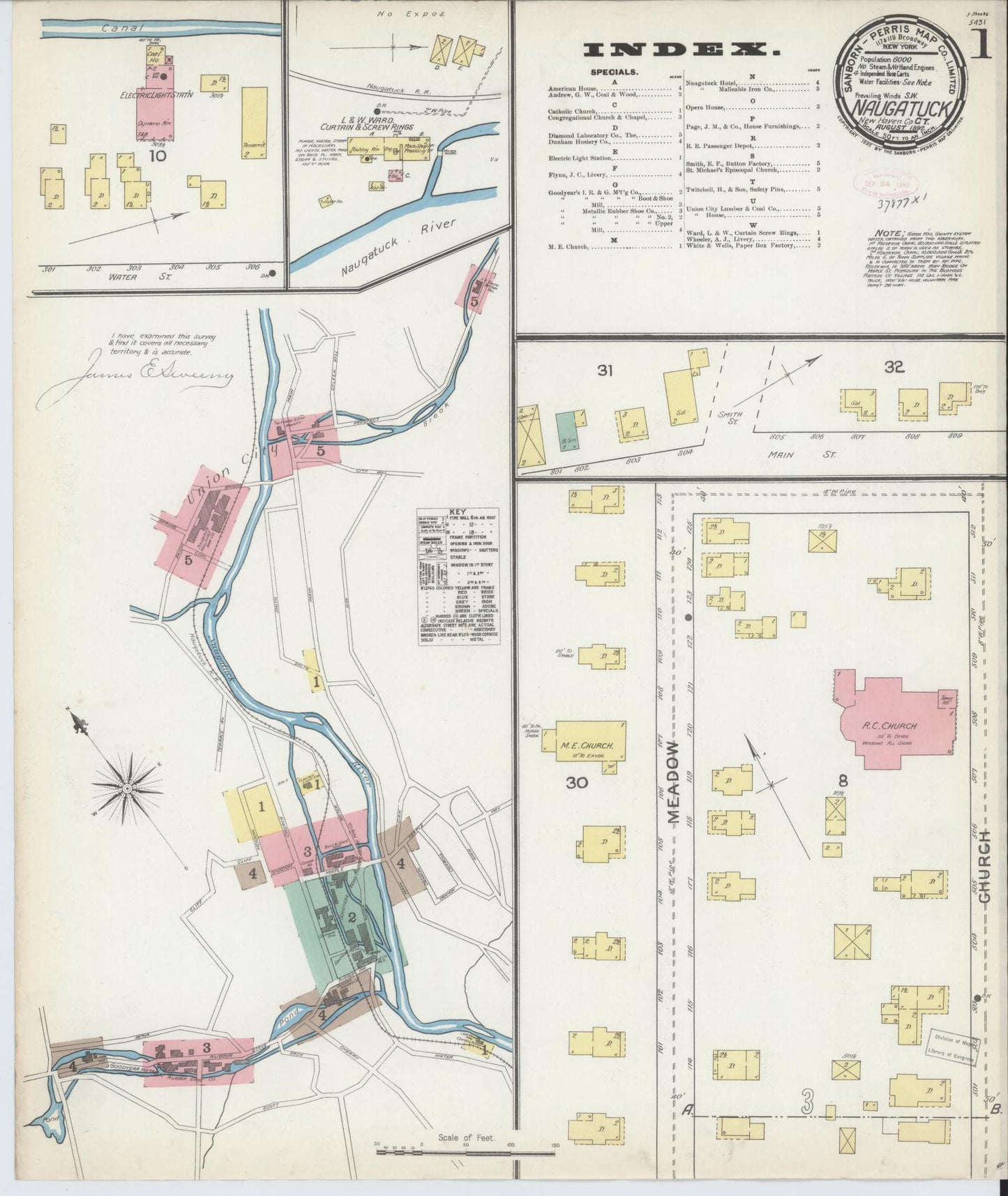 Sanborn Fire Insurance Map from Naugatuck, New Haven County, Connecticut (1892), Sheet #0001 - Complete Map Set gallery image, historic Sanborn map, vintage wall art, Connecticut Connecticut