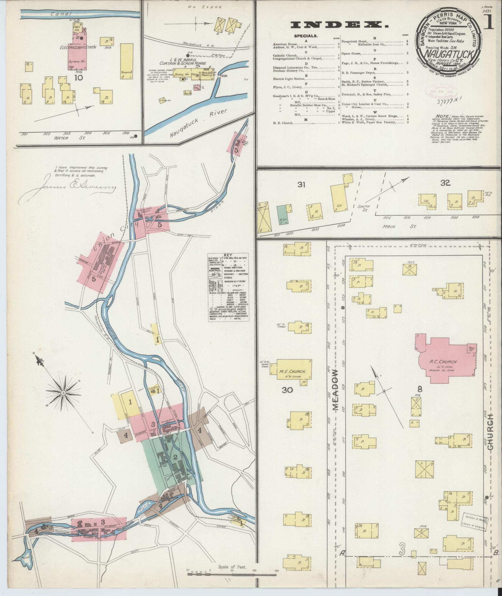 Sanborn Fire Insurance Map from Naugatuck, New Haven County, Connecticut (1892), Sheet #0001 - Complete Map Set gallery image, historic Sanborn map, vintage wall art, Connecticut Connecticut