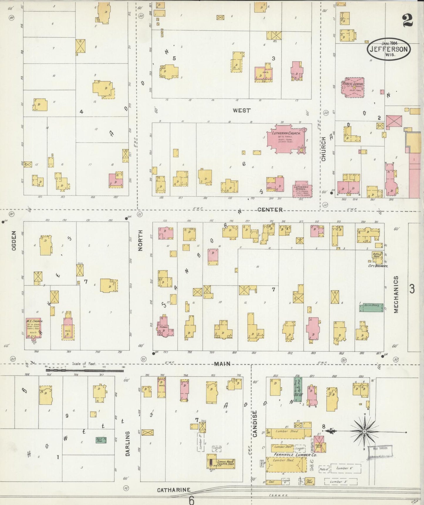 Sanborn Fire Insurance Map from Jefferson, Jefferson County, Wisconsin (1904), Sheet #0002 - Historic Sanborn Fire Insurance Map Print, vintage old map wall art, antique decor, genealogy gift, Wisconsin Wisconsin map