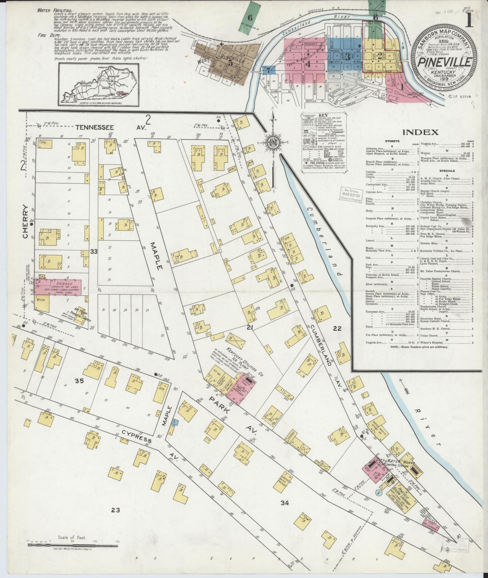 Sanborn Fire Insurance Map from Pineville, Bell County, Kentucky (1919), Sheet #0001 - Historic Sanborn Fire Insurance Map Print, vintage old map wall art, antique decor, genealogy gift, Kentucky Kentucky map