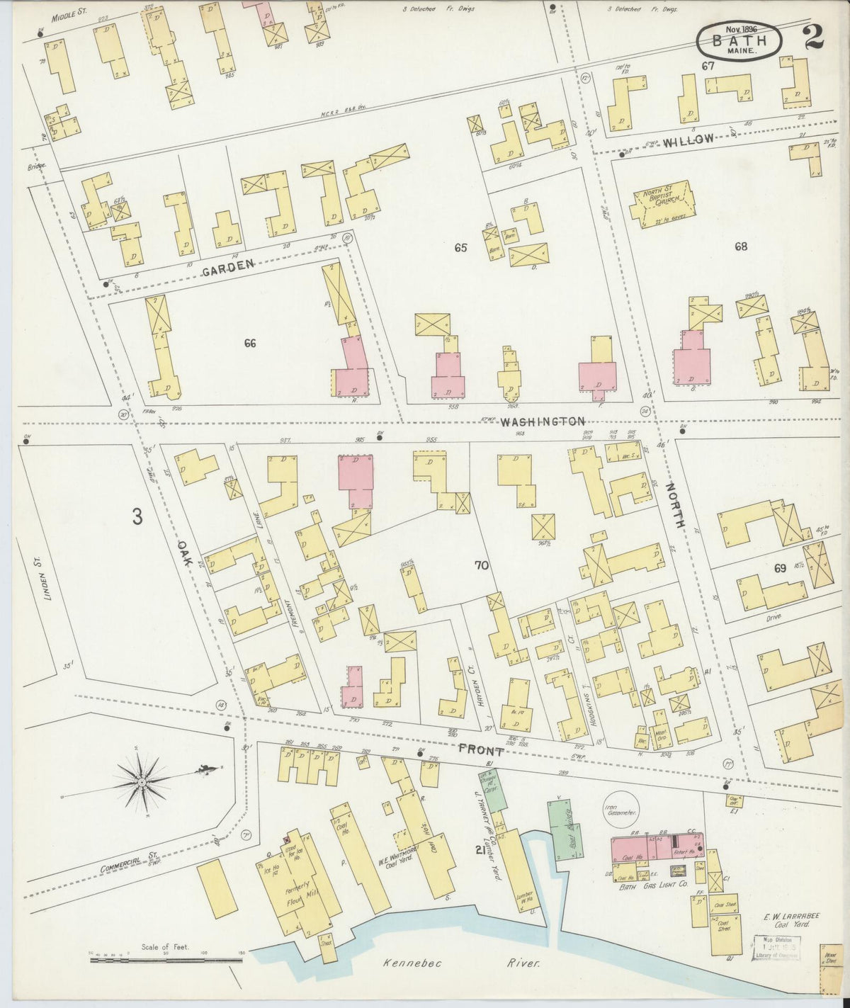 Sanborn Fire Insurance Map from Bath, Sagadahoc County, Maine (1896), Sheet #0002 - Historic Sanborn Fire Insurance Map Print, vintage old map wall art, antique decor, genealogy gift, Maine Maine map