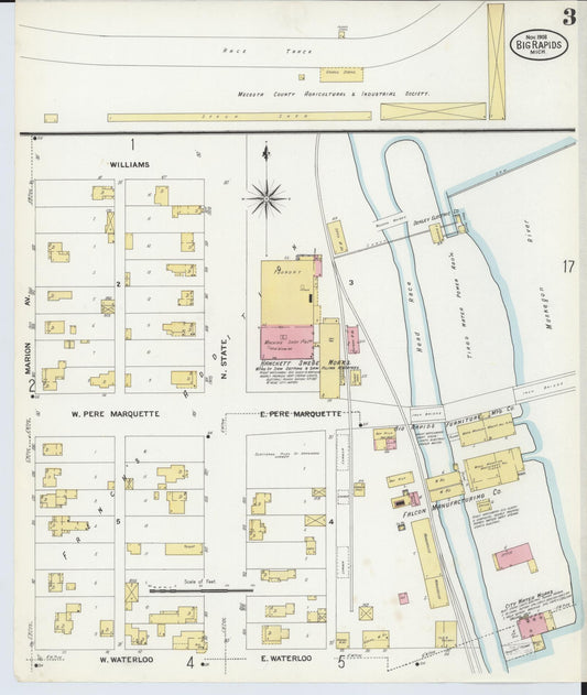 Sanborn Fire Insurance Map from Big Rapids, Mecosta County, Michigan (1908), Sheet #0003 - Historic Sanborn Fire Insurance Map Print, vintage old map wall art, antique decor, genealogy gift, Michigan Michigan map