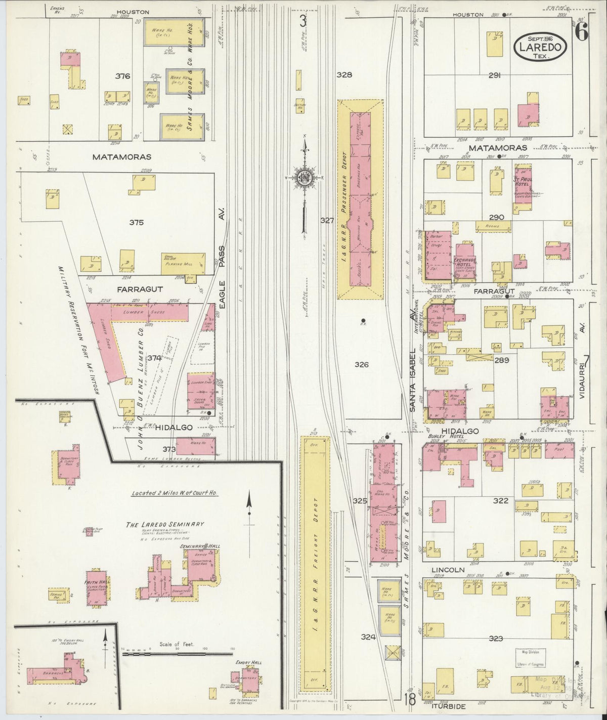 Sanborn Fire Insurance Map from Laredo, Webb County, Texas (1916), Sheet #0006 - Historic Sanborn Fire Insurance Map Print, vintage old map wall art, antique decor, genealogy gift, Texas Texas map