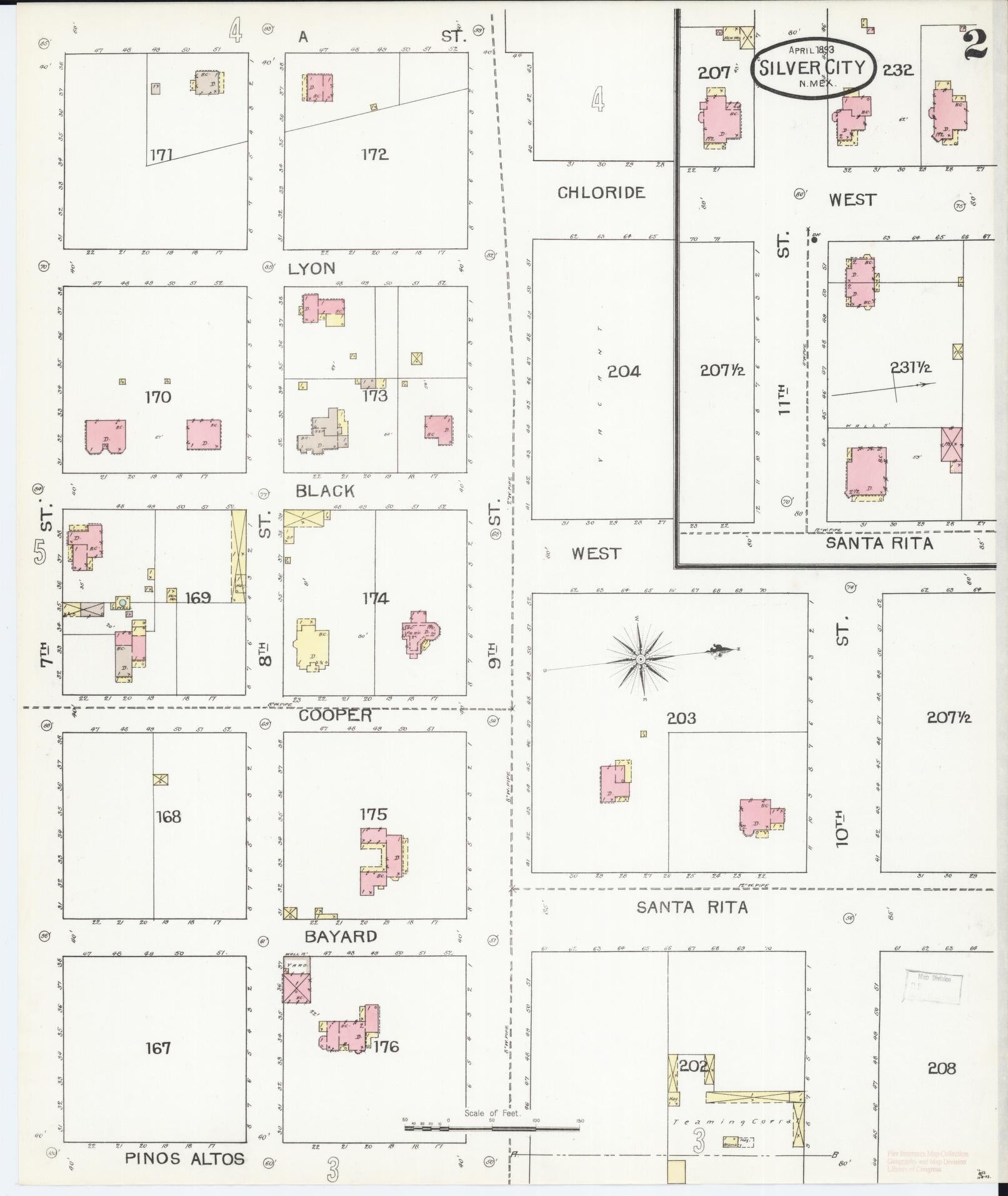 Sanborn Fire Insurance Map from Silver City, Grant County, New Mexico (1893), Sheet #0002 - Historic Sanborn Fire Insurance Map Print, vintage old map wall art, antique decor, genealogy gift, New Mexico New Mexico map