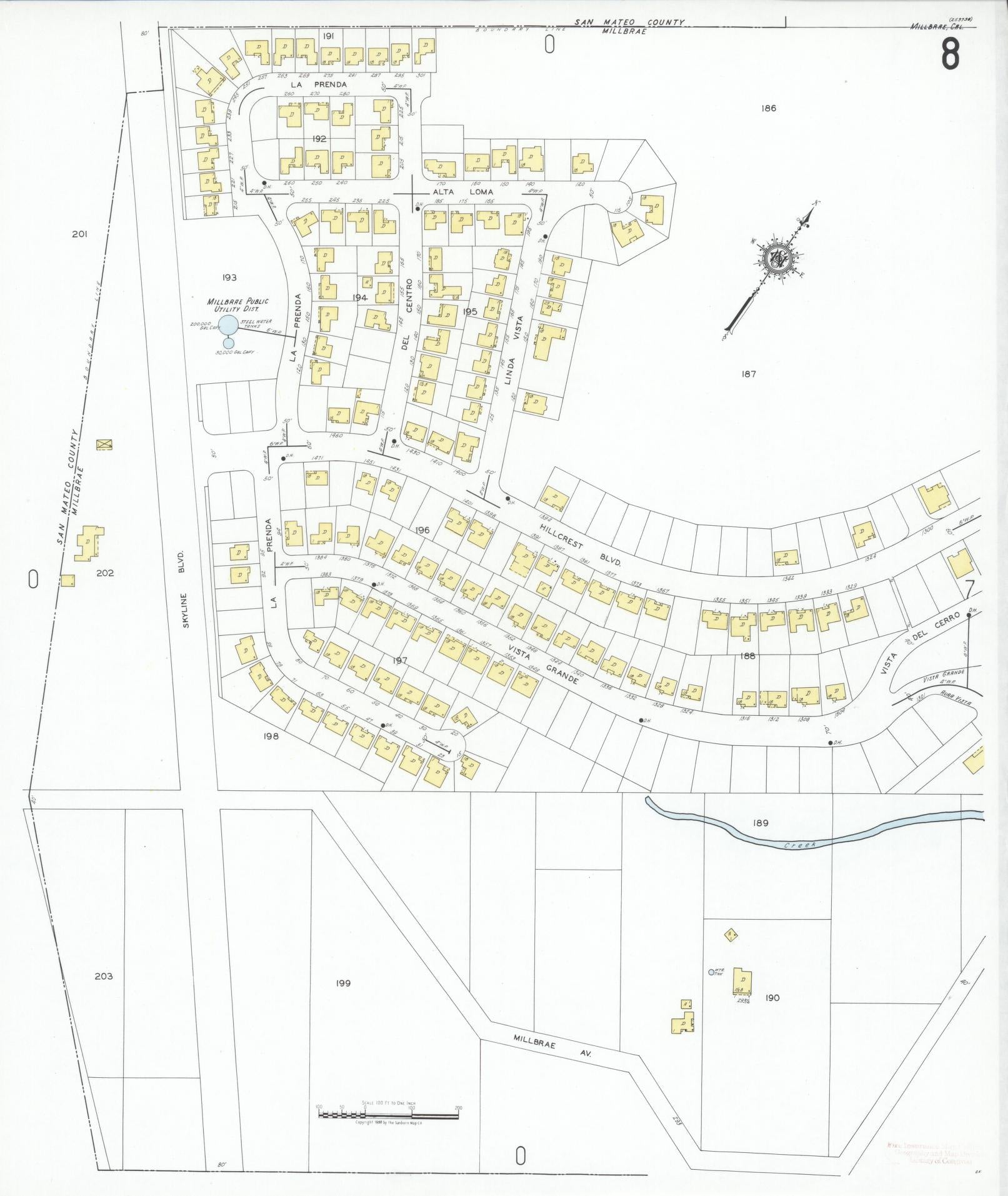 Sanborn Fire Insurance Map from Millbrae, San Mateo County, California (1949), Sheet #0008 - Historic Sanborn Fire Insurance Map Print, vintage old map wall art, antique decor, genealogy gift, California California map