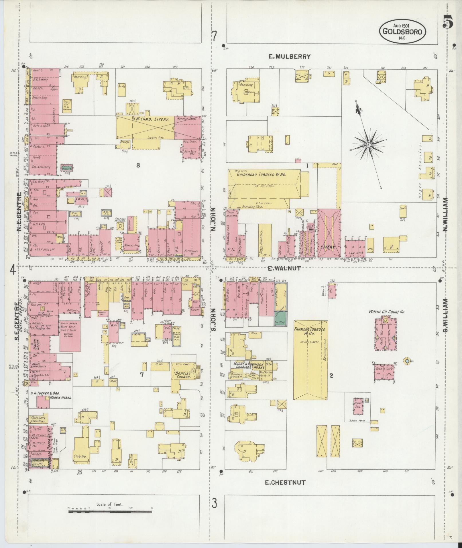 Sanborn Fire Insurance Map from Goldsboro, Wayne County, North Carolina (1901), Sheet #0005 - Complete Map Set gallery image, historic Sanborn map, vintage wall art, North Carolina North Carolina