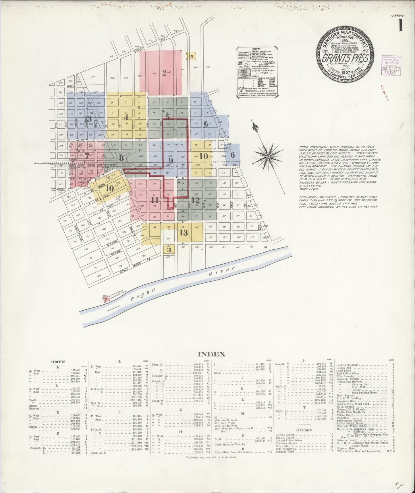 Sanborn Fire Insurance Map from Grants Pass, Josephine County, Oregon (1907), Sheet #0001 - Complete Map Set gallery image, historic Sanborn map, vintage wall art, Oregon Oregon