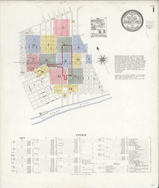 Sanborn Fire Insurance Map from Grants Pass, Josephine County, Oregon (1907), Sheet #0001 - Complete Map Set gallery image, historic Sanborn map, vintage wall art, Oregon Oregon