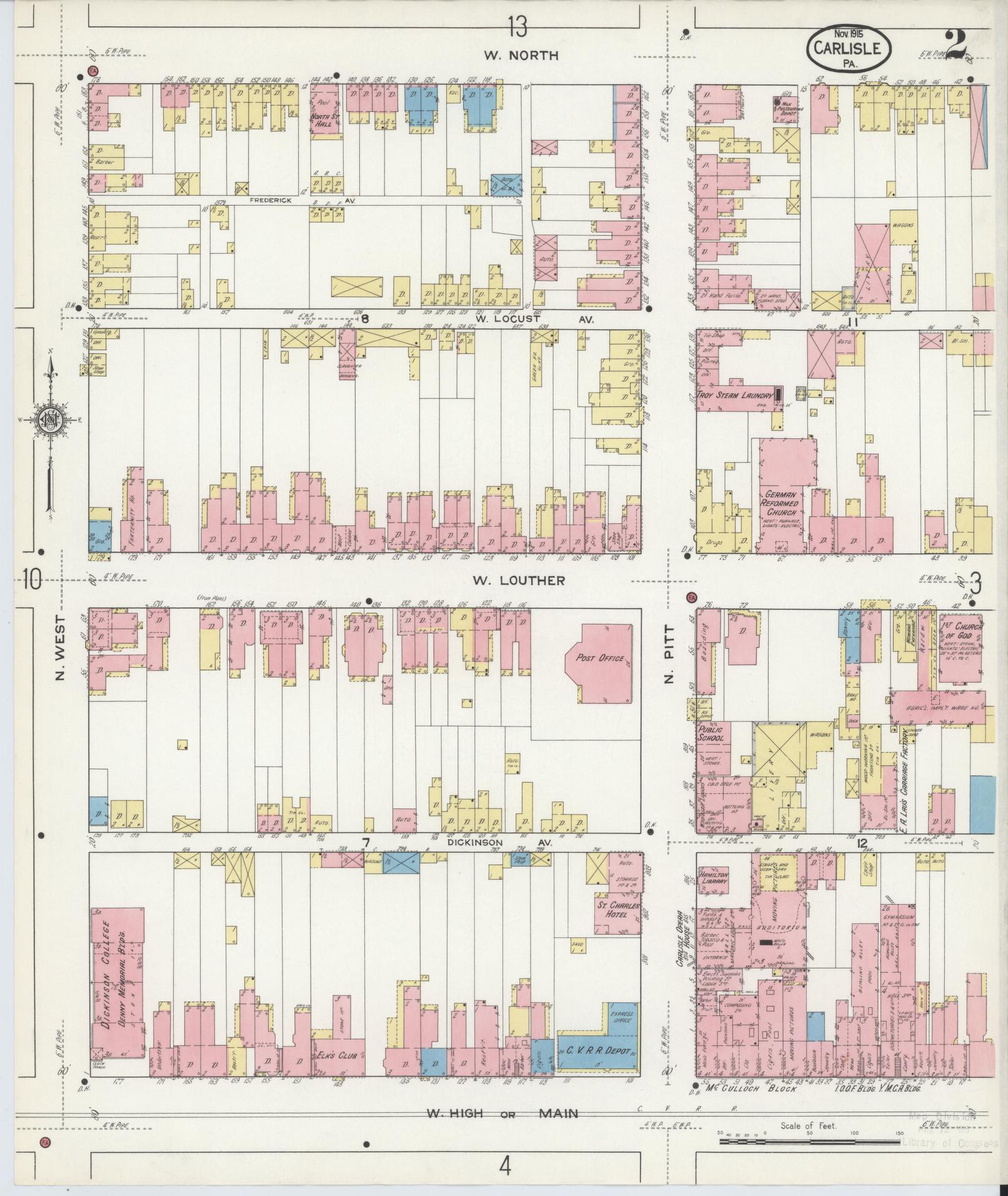 Sanborn Fire Insurance Map from Carlisle, Cumberland County, Pennsylvania (1915), Sheet #0002 - Historic Sanborn Fire Insurance Map Print, vintage old map wall art, antique decor, genealogy gift, Pennsylvania Pennsylvania map