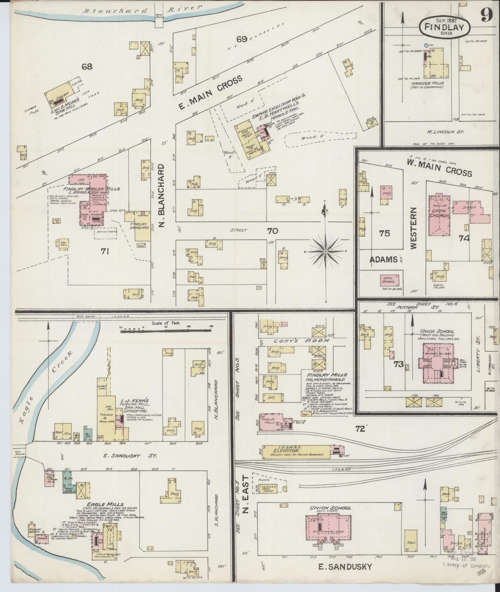 Sanborn Fire Insurance Map from Findlay, Hancock County, Ohio (1887), Sheet #0009 - Historic Sanborn Fire Insurance Map Print, vintage old map wall art, antique decor, genealogy gift, Ohio Ohio map