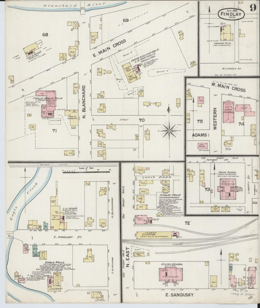 Sanborn Fire Insurance Map from Findlay, Hancock County, Ohio (1887), Sheet #0009 - Historic Sanborn Fire Insurance Map Print, vintage old map wall art, antique decor, genealogy gift, Ohio Ohio map