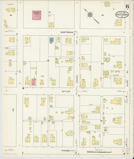 Sanborn Fire Insurance Map from Waycross, Ware County, Georgia (1913), Sheet #0006 - Historic Sanborn Fire Insurance Map Print, vintage old map wall art, antique decor, genealogy gift, Georgia Georgia map