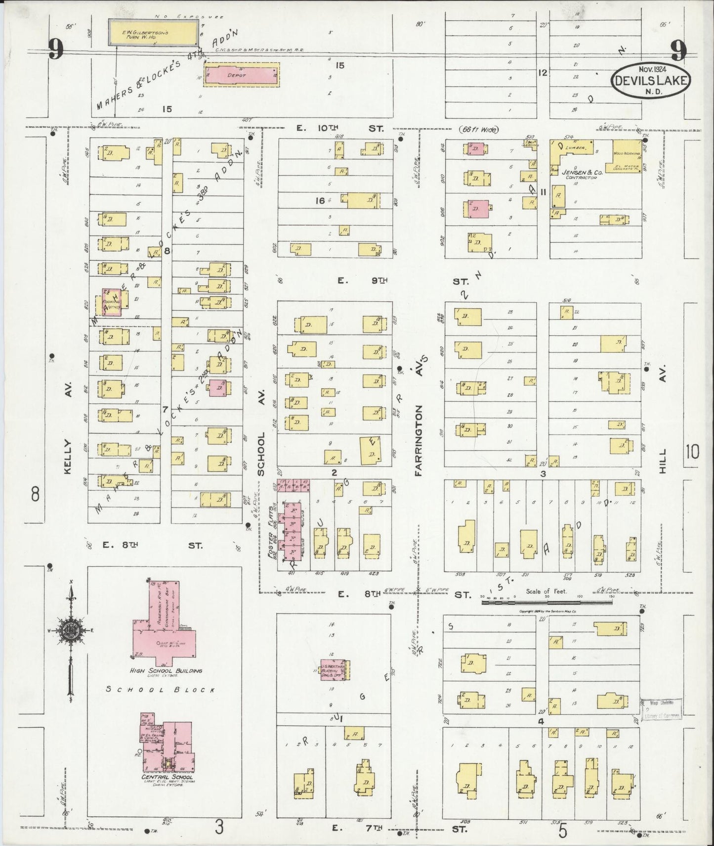 Sanborn Fire Insurance Map from Devils Lake, Ramsey County, North Dakota (1924), Sheet #0009 - Historic Sanborn Fire Insurance Map Print, vintage old map wall art, antique decor, genealogy gift, North Dakota North Dakota map
