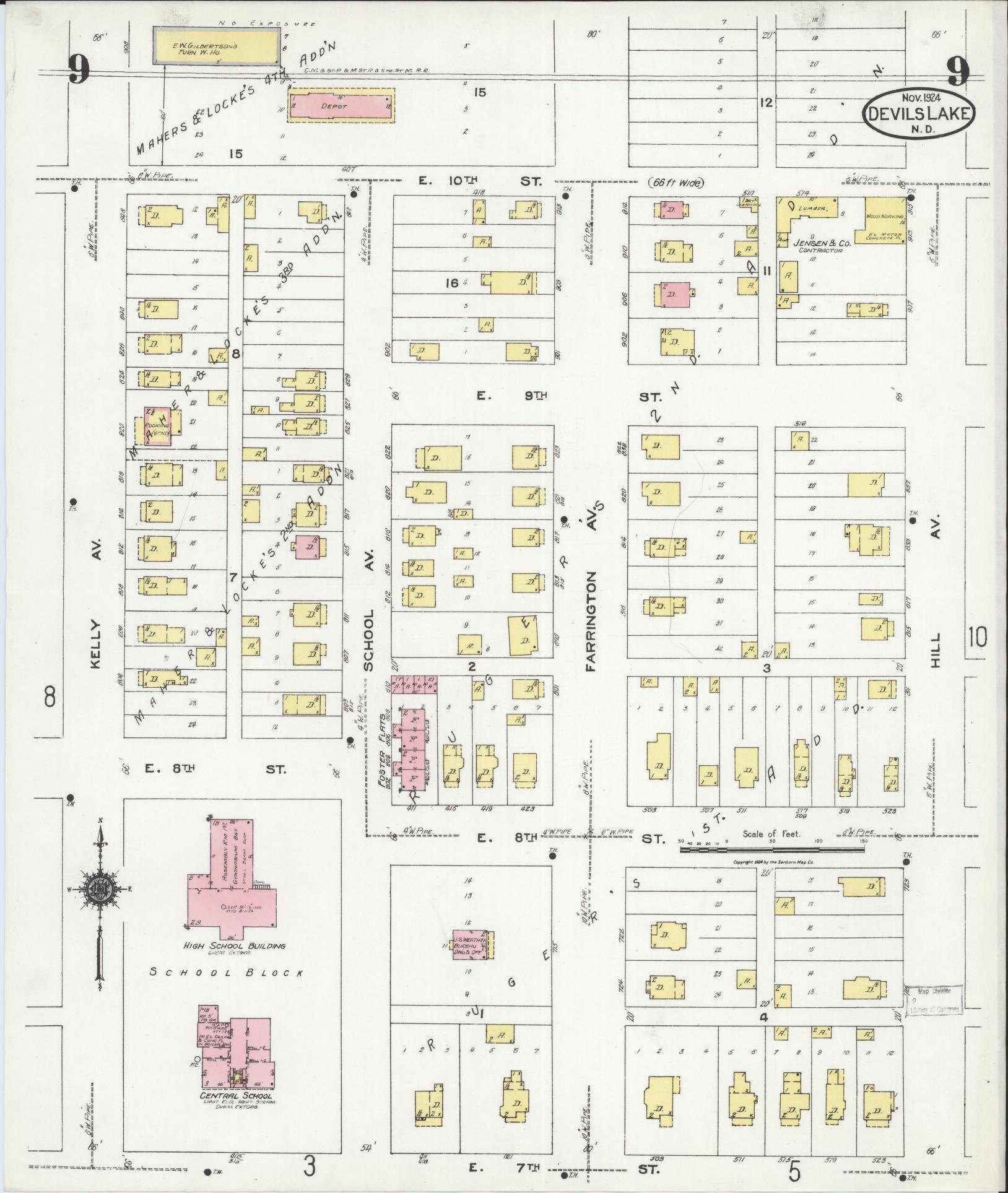 Sanborn Fire Insurance Map from Devils Lake, Ramsey County, North Dakota (1924), Sheet #0009 - Historic Sanborn Fire Insurance Map Print, vintage old map wall art, antique decor, genealogy gift, North Dakota North Dakota map
