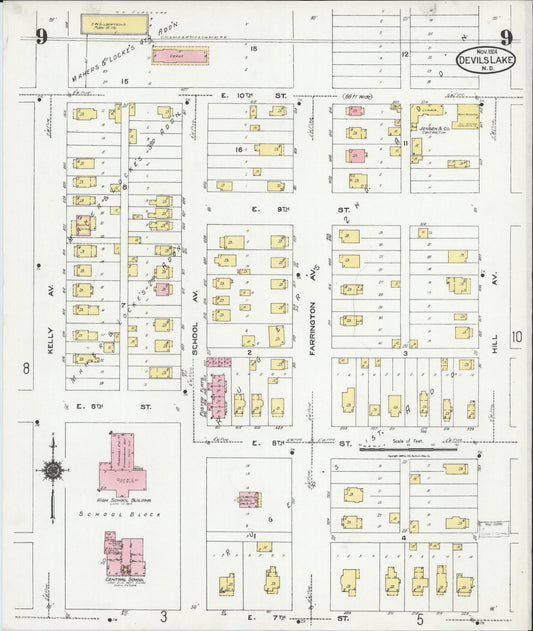 Sanborn Fire Insurance Map from Devils Lake, Ramsey County, North Dakota (1924), Sheet #0009 - Historic Sanborn Fire Insurance Map Print, vintage old map wall art, antique decor, genealogy gift, North Dakota North Dakota map
