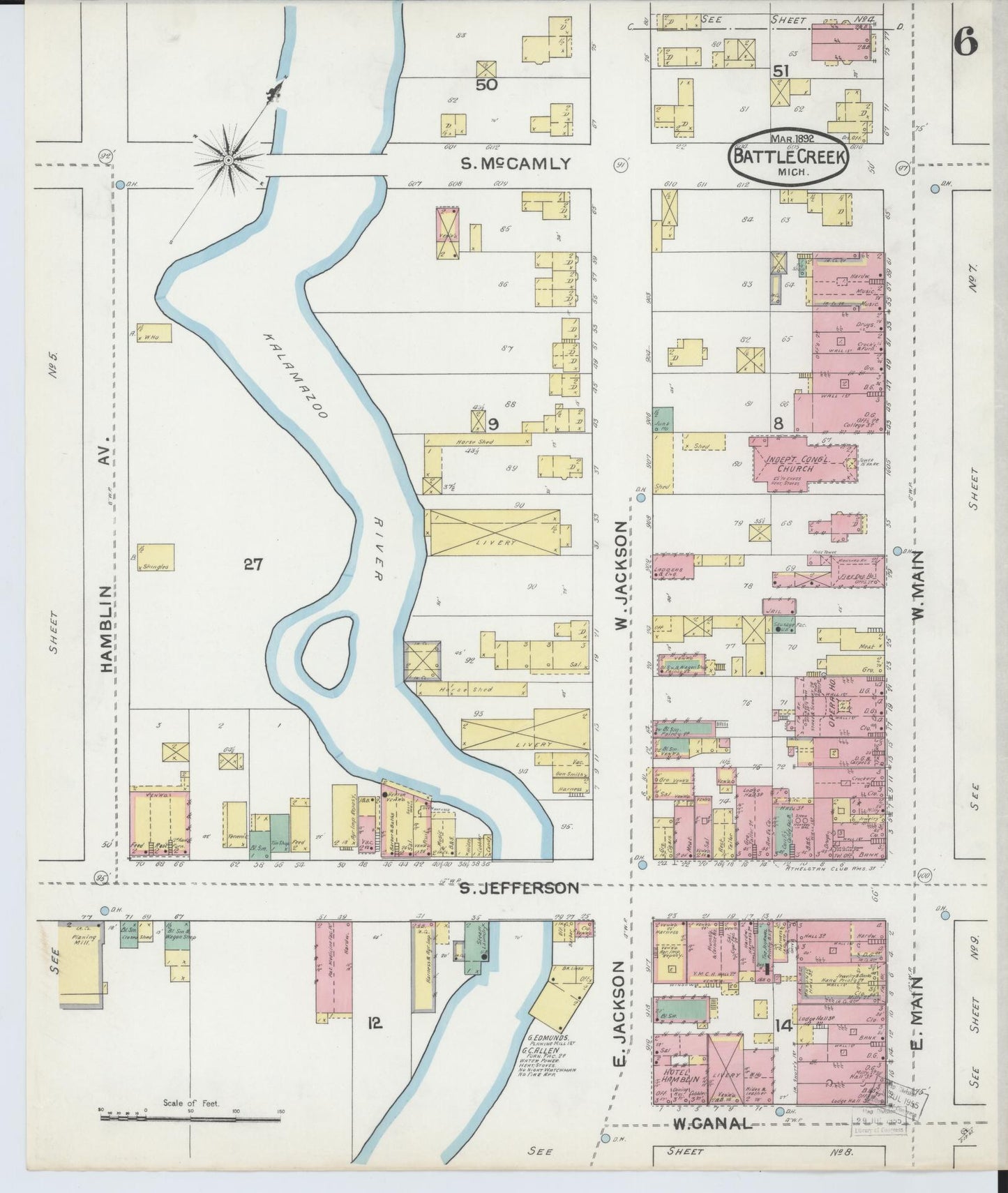 Sanborn Fire Insurance Map from Battle Creek, Calhoun County, Michigan (1892), Sheet #0006 - Historic Sanborn Fire Insurance Map Print, vintage old map wall art, antique decor, genealogy gift, Michigan Michigan map