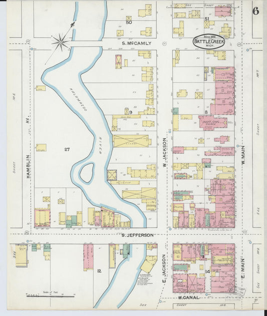 Sanborn Fire Insurance Map from Battle Creek, Calhoun County, Michigan (1892), Sheet #0006 - Historic Sanborn Fire Insurance Map Print, vintage old map wall art, antique decor, genealogy gift, Michigan Michigan map