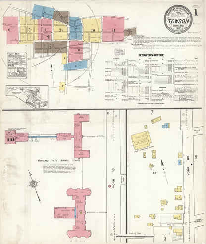 Sanborn Fire Insurance Map from Towson, Baltimore County, Maryland (1922), Sheet #0001 - Complete Map Set gallery image, historic Sanborn map, vintage wall art, Maryland Maryland