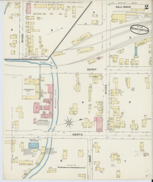 Sanborn Fire Insurance Map from Bennington, Bennington County, Vermont (1891), Sheet #0002 - Historic Sanborn Fire Insurance Map Print, vintage old map wall art, antique decor, genealogy gift, Vermont Vermont map