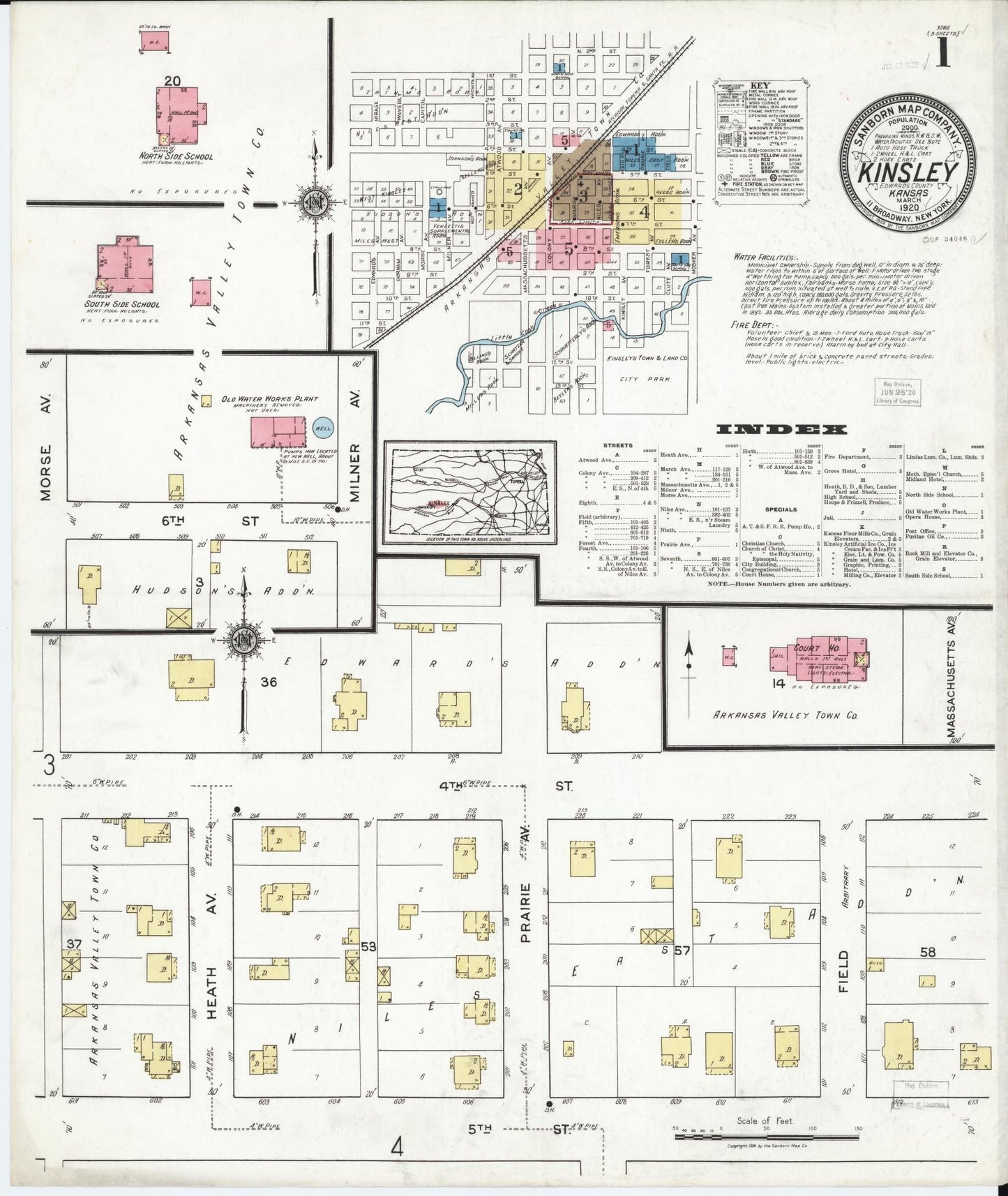 Sanborn Fire Insurance Map from Kinsley, Edwards County, Kansas (1920), Sheet #0001 - Complete Map Set gallery image, historic Sanborn map, vintage wall art, Kansas Kansas