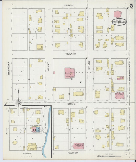 Sanborn Fire Insurance Map from Rochelle, Ogle County, Illinois (1893), Sheet #0005 - Historic Sanborn Fire Insurance Map Print, vintage old map wall art, antique decor, genealogy gift, Illinois Illinois map