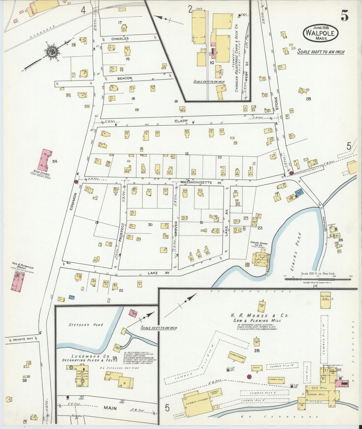 Sanborn Fire Insurance Map from Walpole, Norfolk County, Massachusetts (1918), Sheet #0005 - Complete Map Set gallery image, historic Sanborn map, vintage wall art, Massachusetts Massachusetts