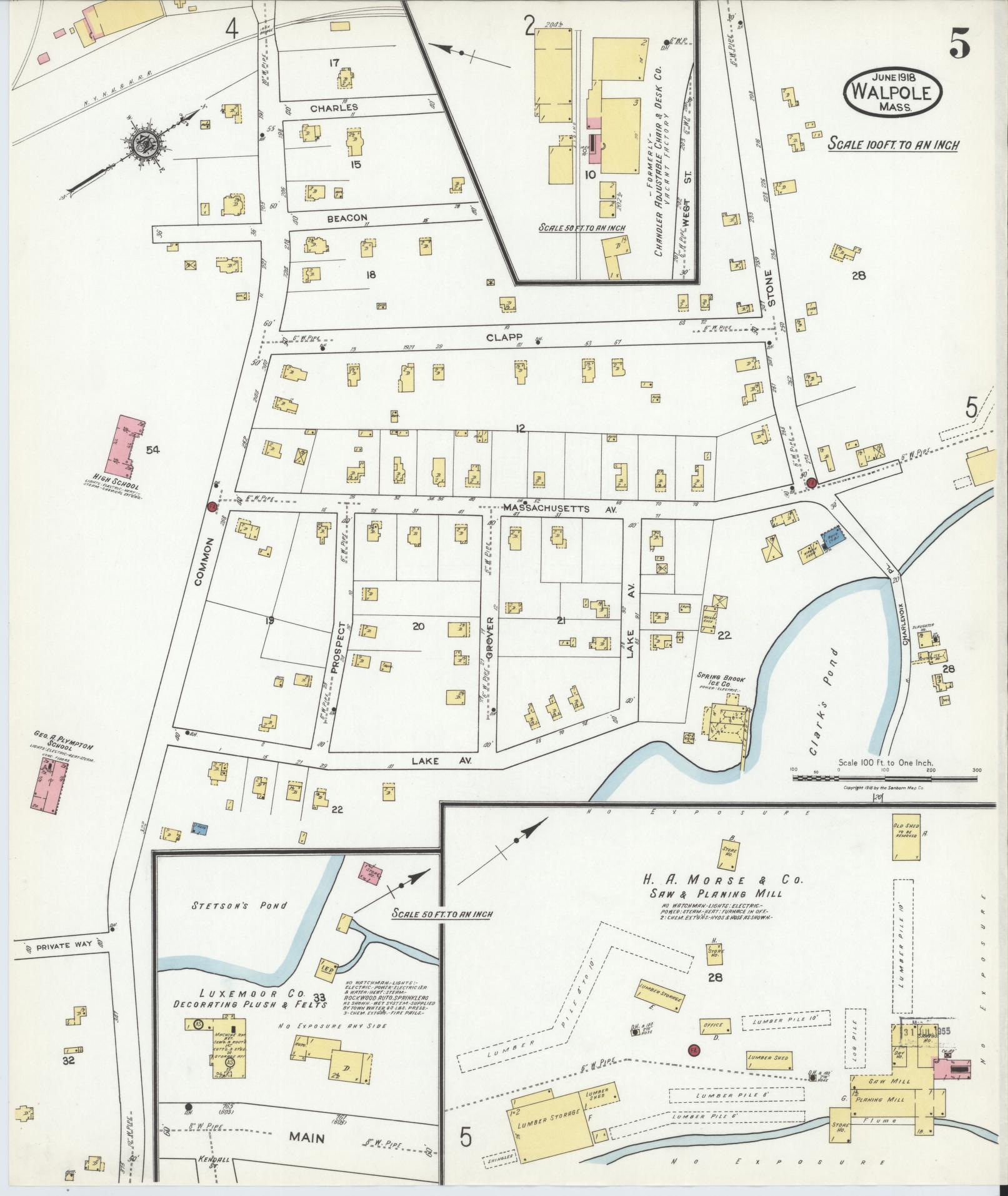 Sanborn Fire Insurance Map from Walpole, Norfolk County, Massachusetts (1918), Sheet #0005 - Complete Map Set gallery image, historic Sanborn map, vintage wall art, Massachusetts Massachusetts