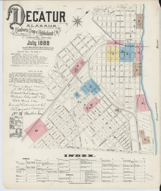 Sanborn Fire Insurance Map from Decatur, Morgan County, Alabama (1888), Sheet #0001 - Historic Sanborn Fire Insurance Map Print, vintage old map wall art, antique decor, genealogy gift, Alabama Alabama map