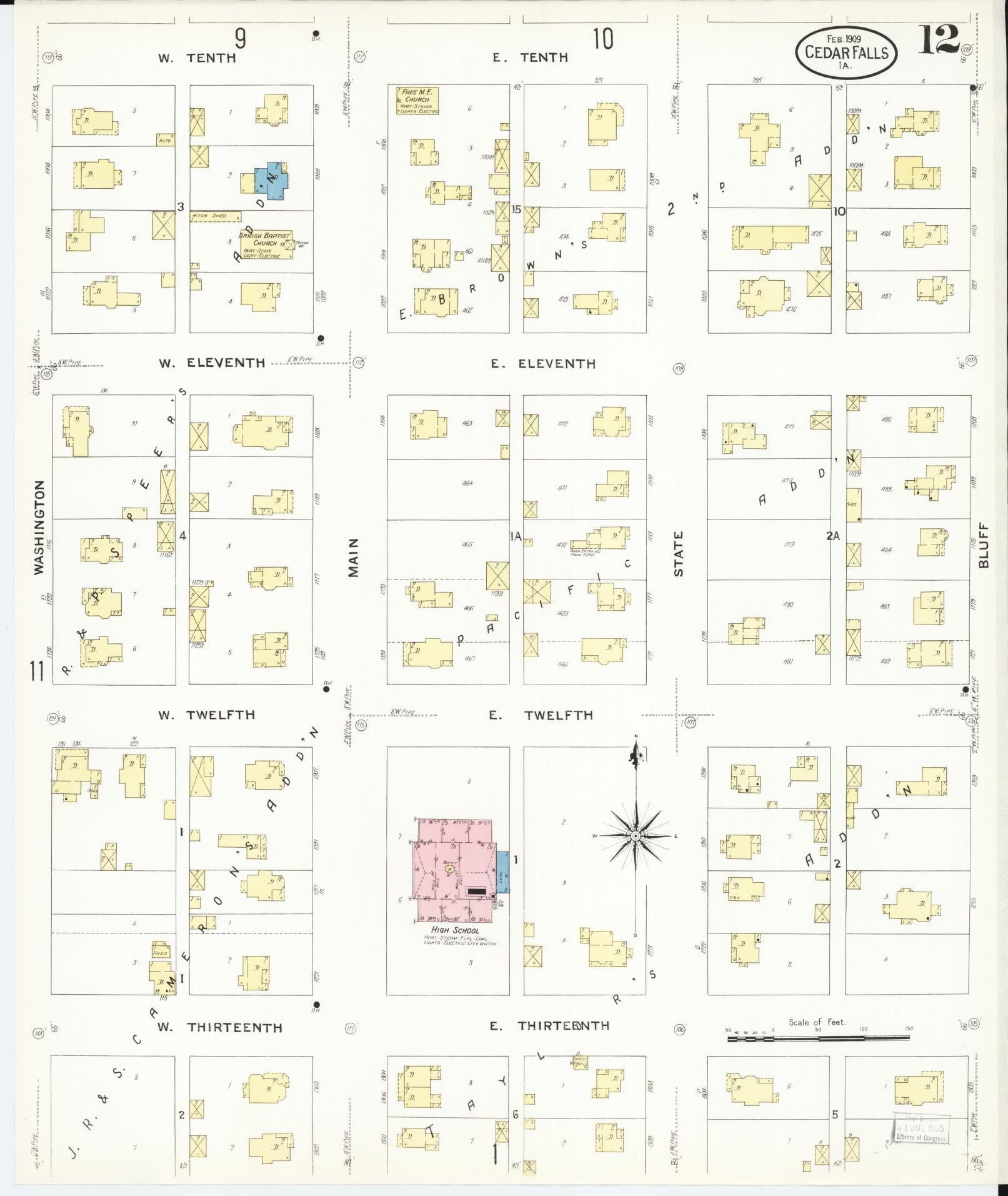 Sanborn Fire Insurance Map from Cedar Falls, Black Hawk County, Iowa (1909), Sheet #0012 - Historic Sanborn Fire Insurance Map Print, vintage old map wall art
