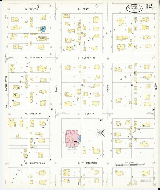 Sanborn Fire Insurance Map from Cedar Falls, Black Hawk County, Iowa (1909), Sheet #0012 - Historic Sanborn Fire Insurance Map Print, vintage old map wall art