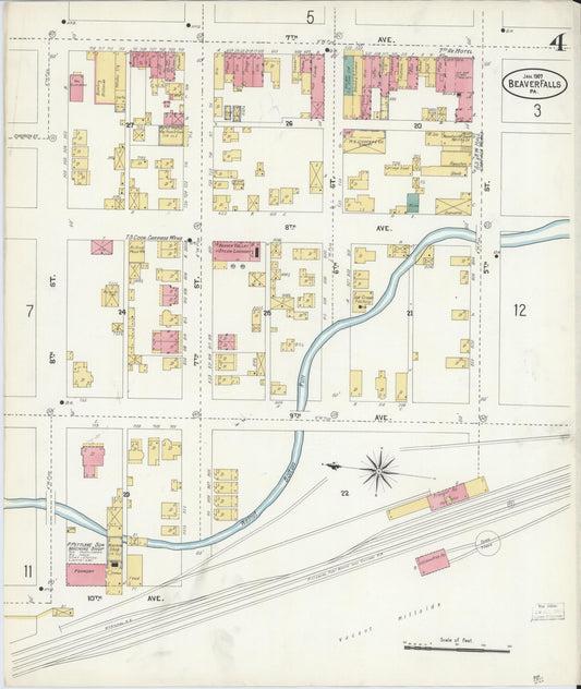 Sanborn Fire Insurance Map from Beaver Falls, Beaver County, Pennsylvania (1907), Sheet #0004 - Historic Sanborn Fire Insurance Map Print, vintage old map wall art, antique decor, genealogy gift, Pennsylvania Pennsylvania map