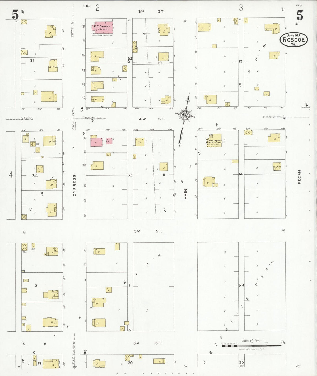 Sanborn Fire Insurance Map from Roscoe, Nolan County, Texas (1927), Sheet #0005 - Complete Map Set gallery image, historic Sanborn map, vintage wall art, Texas Texas