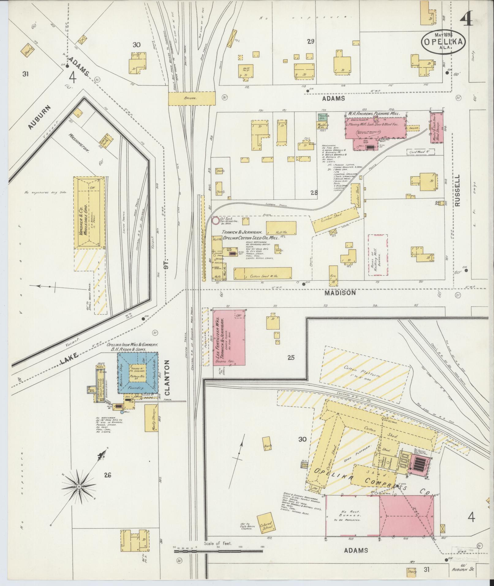 Sanborn Fire Insurance Map from Opelika, Lee County, Alabama (1898), Sheet #0004 - Historic Sanborn Fire Insurance Map Print, vintage old map wall art, antique decor, genealogy gift, Alabama Alabama map