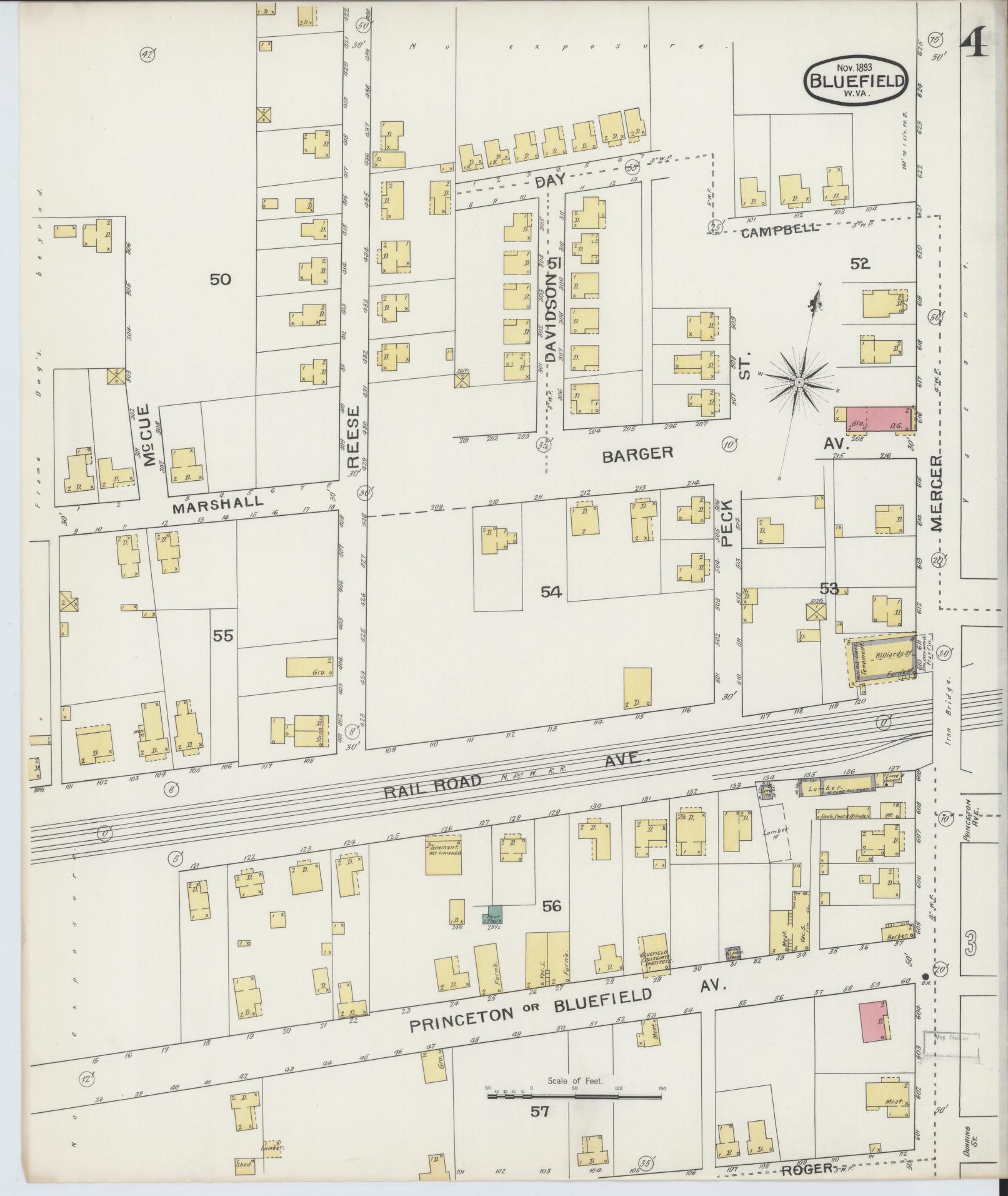 Sanborn Fire Insurance Map from Bluefield, Mercer County, West Virginia (1893), Sheet #0004 - Complete Map Set gallery image, historic Sanborn map, vintage wall art, West Virginia West Virginia